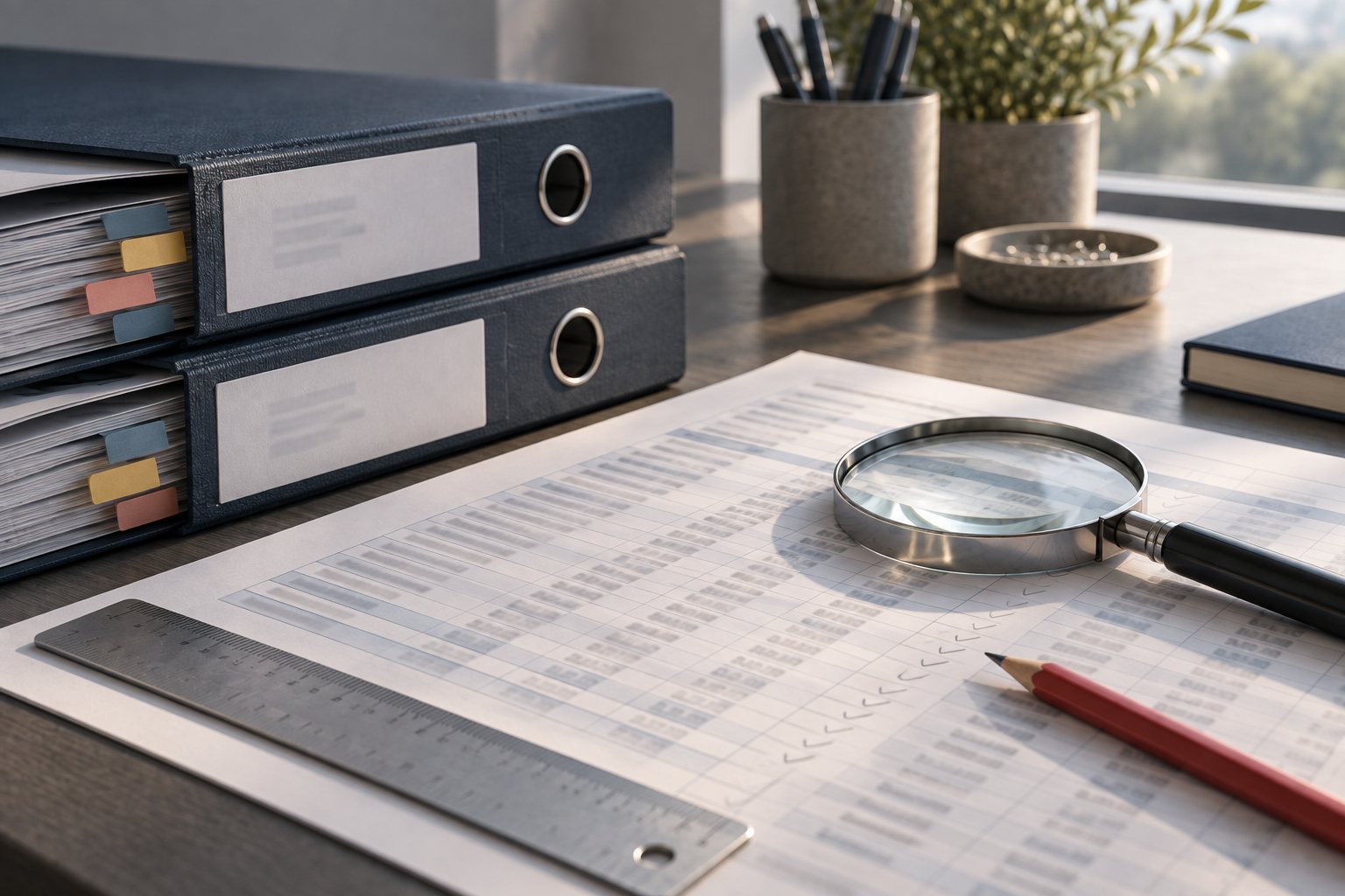 Audit files and a schedule under review with a magnifying glass