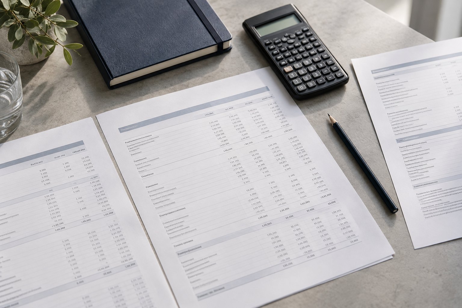 Financial working papers, a calculator and notebook