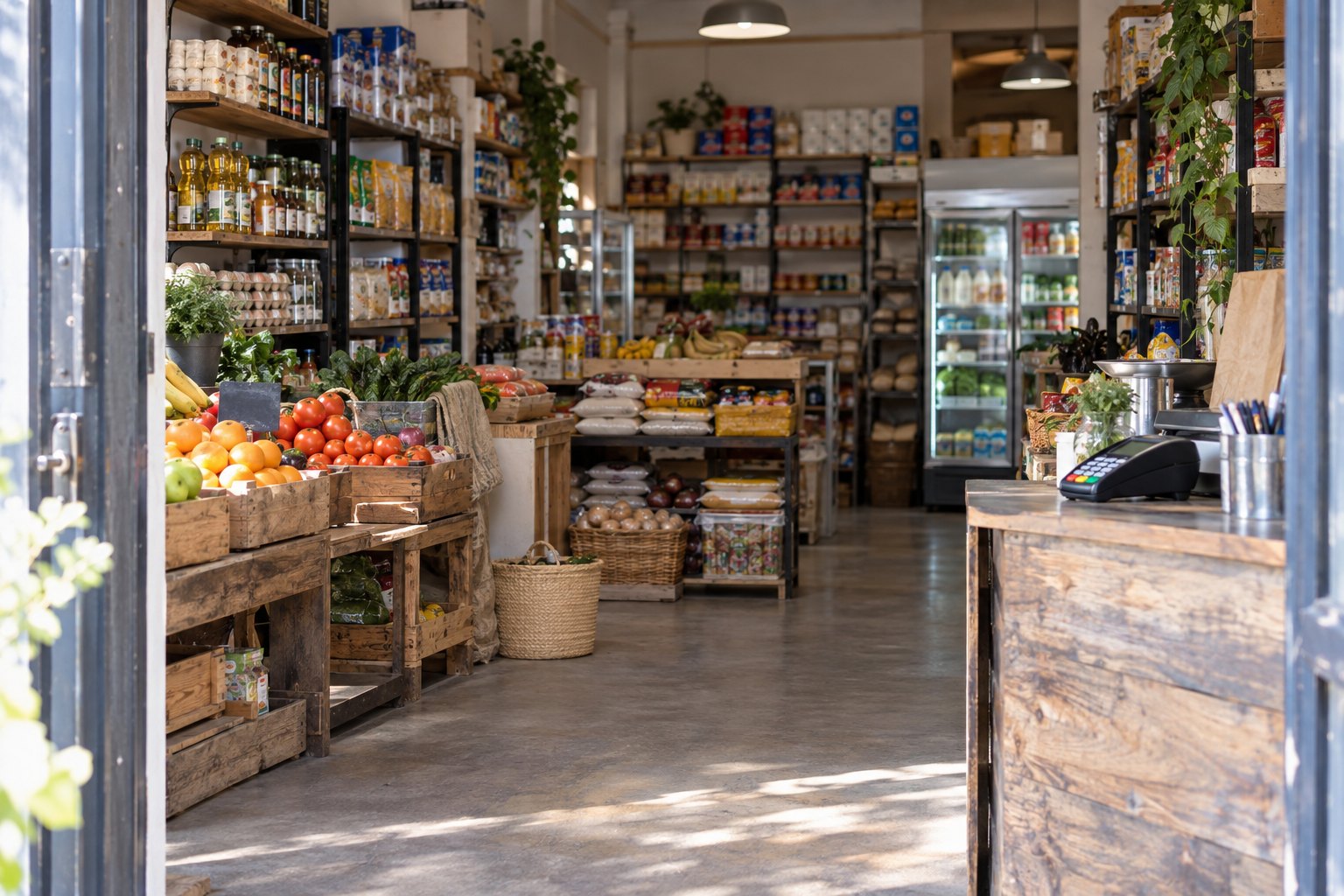 A neighbourhood grocery shop with a payment terminal