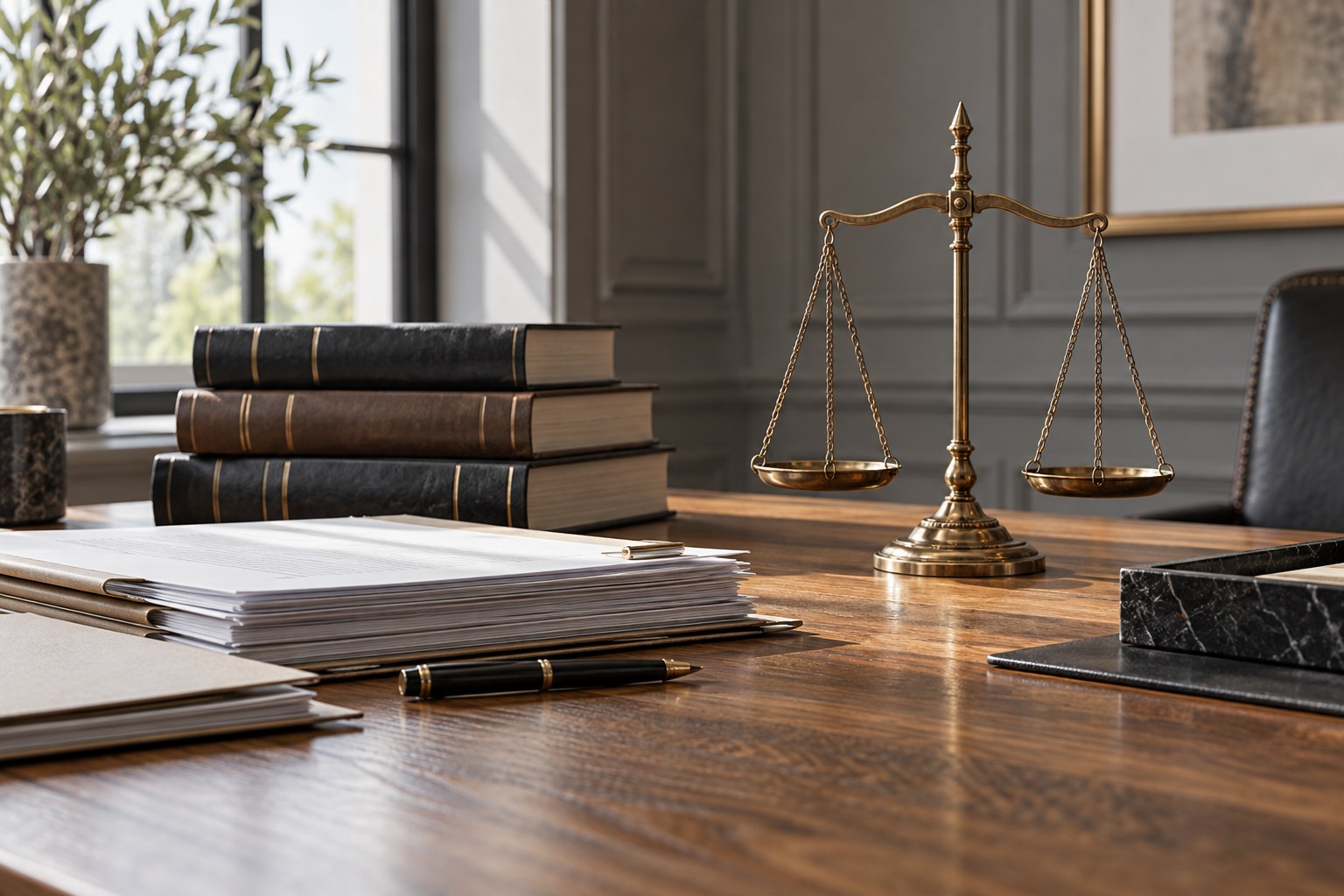 Legal documents and scales on a desk