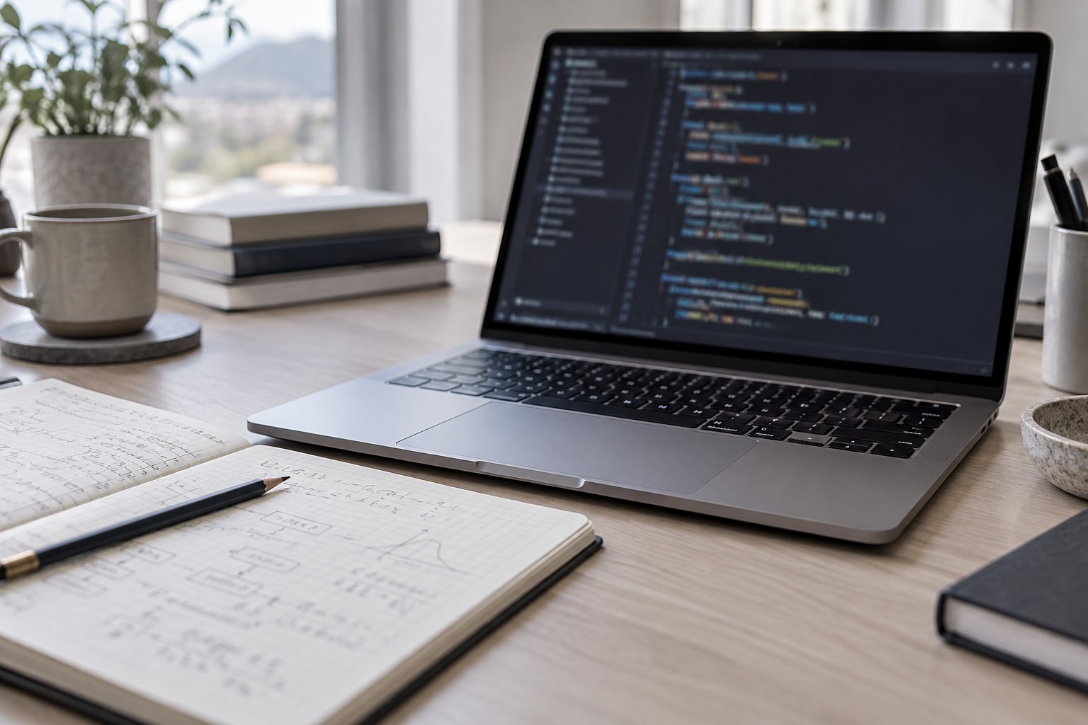 A code editor beside handwritten modelling notes